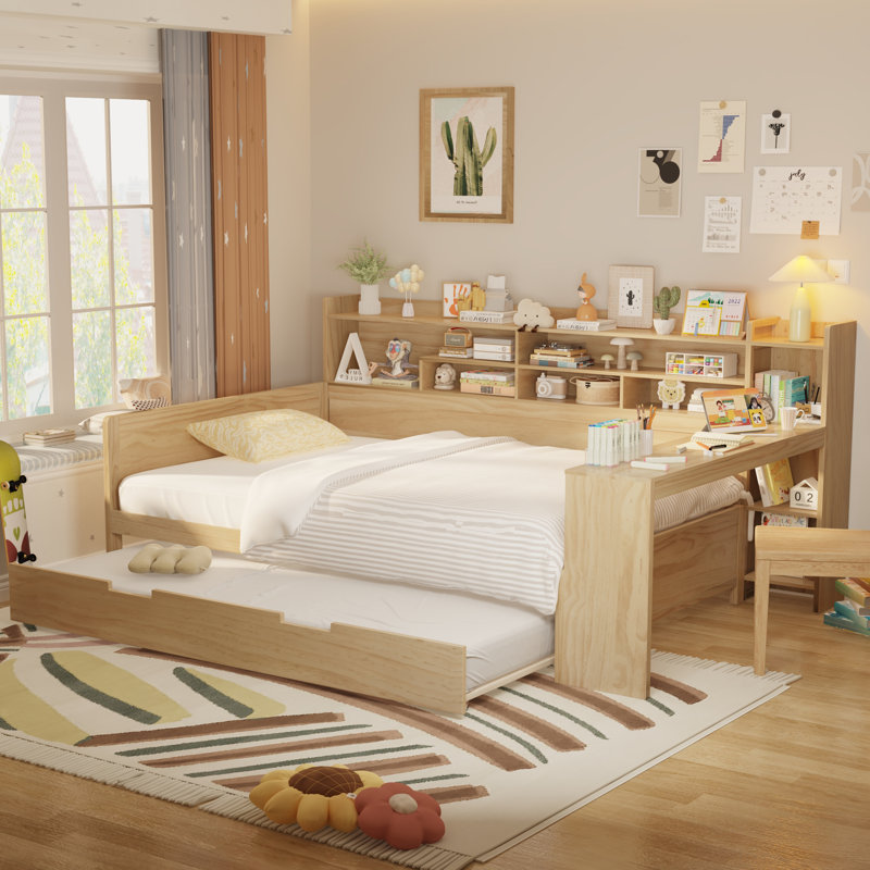 Wooden Daybed With Storage Shelves, Multi-Functional Bed With Trundle Bed And  Study Desk,, Full, Natural