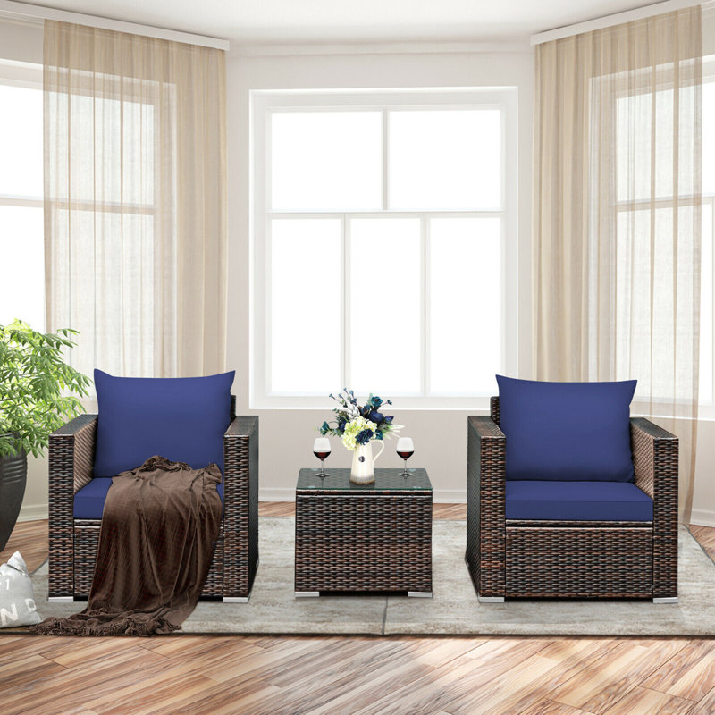 Alycen 2 - Person Patio Conversation Set with Cushions, Brown, Navy