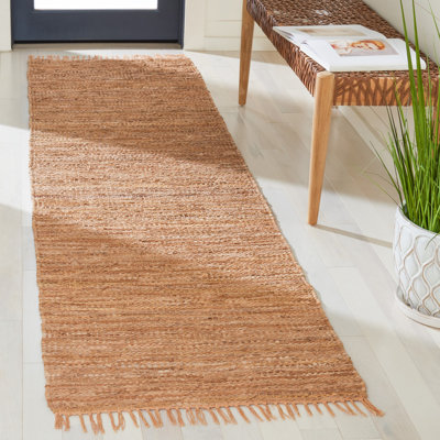 Tapis de couleur unie en cuir recyclé à tissage plat rétro en coton brun