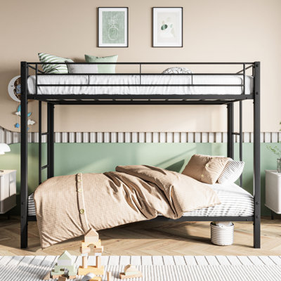 Metal Bunk Bed Twin Over Twin, Comfortable Mattress Fit - Black With Guard Rail No Box Spring Required,