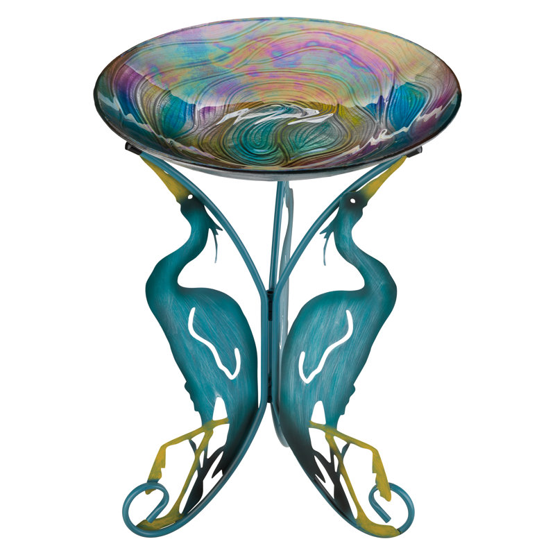 Blue Glass Birdbath with Heron Stand, 18-inch