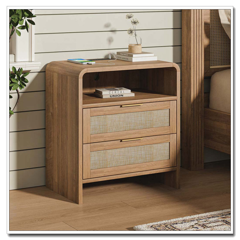 Rattan Nightstand with Charging Station, Caramel-Shelf, 2