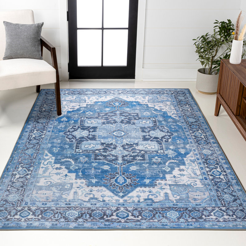 Abhirami Ornate Medallion Machine-Washable Blue/Navy Rug, Rectangle 2'11" x 5'