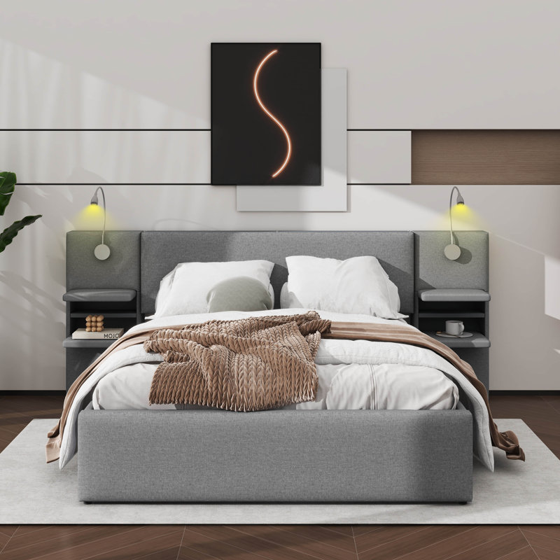 Grand lit plateforme moelleux avec lampes de lecture intégrées, tiroirs, lit gigogne escamotable et tablettes