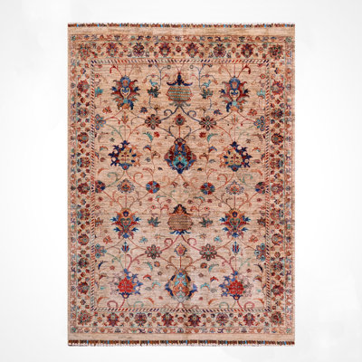 Original Hand Knotted Traditional Pattern Beige Wool and Cotton Rug