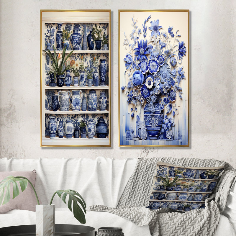 Ensemble de 2 décorations murales bleues et blanches Boho Plant Pottery II - Boho Pottery, Cadre flottant doré