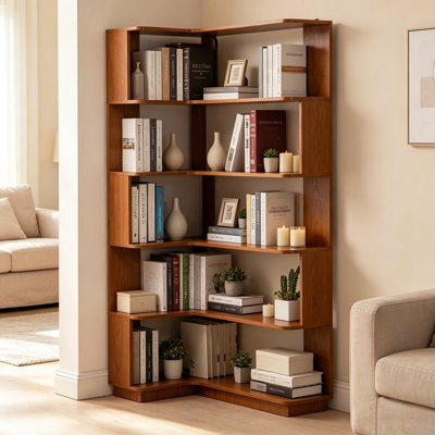 Bibliothèque de coin surdimensionnée en L à 5 niveaux pour le salon, la chambre à coucher, le bureau personnel, avec tablette anti-chute et anti-basculement