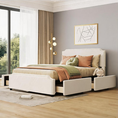 Soft Beige Queen Size Upholstered Platform Bed Velvet with Stud Trim and 4 Storage Drawers, No Box Spring Required