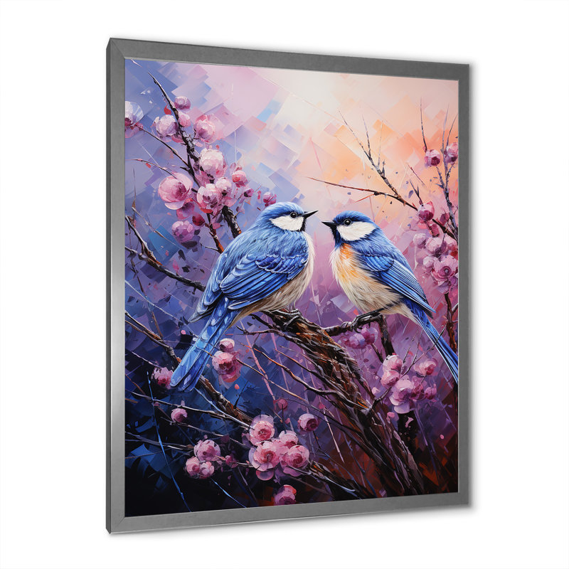 Impression sur toile - Chardon mauve et oiseaux bleus, H 32 po x l 16 po x P 1 po, Cadre photo argenté