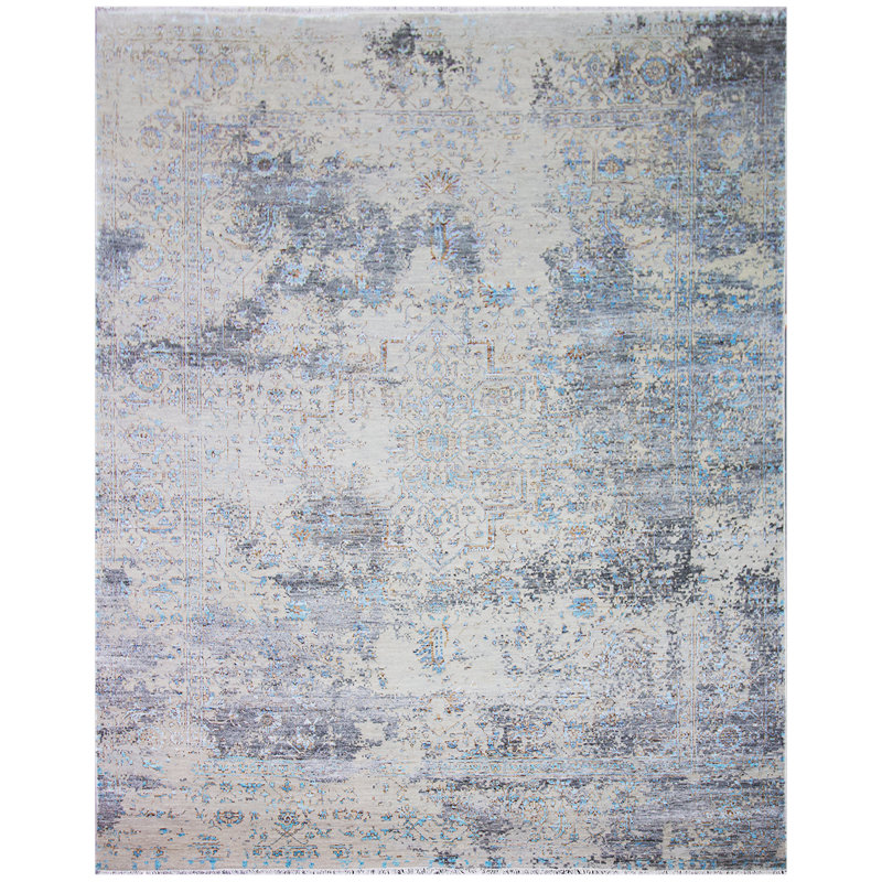 Tapis argent / turquoise / ivoire noué à la main de haute qualité, Rectangle 8 pi x 10 pi