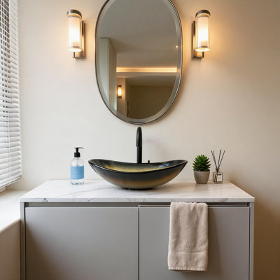 Vasque de salle de bain en verre trempé noir et or de 53 cm (21 pouces) en forme de bateau avec bonde rétractable
