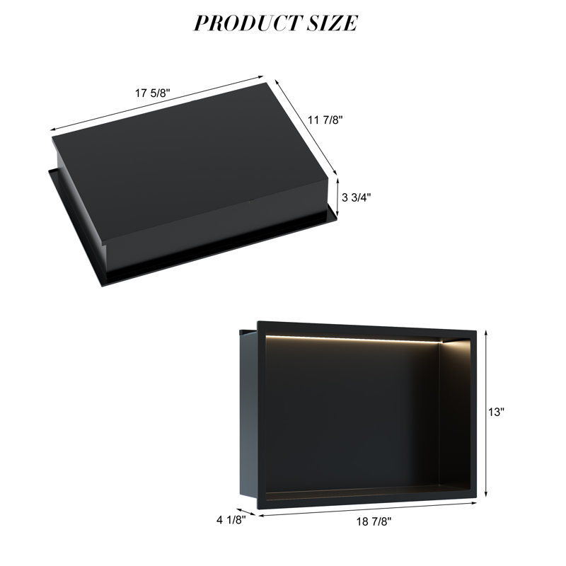 Étagère murale en niche 13 po x 18,7 po avec lumière DEL COB, Acier Inoxydable