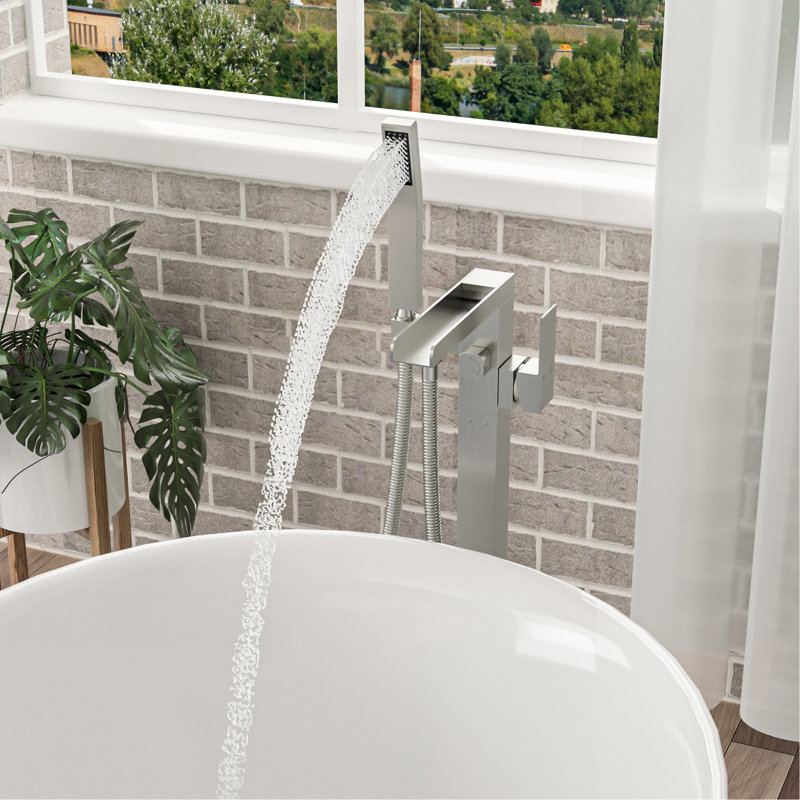 Robinet de baignoire à cascade avec douche à main, bec rotatif à 360 °, fabrication en laiton robuste, robinet en nickel brossé, pivot autoportant, laiton, finition