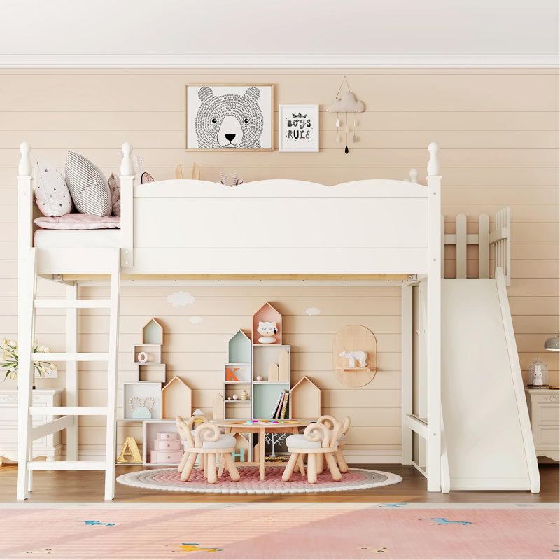 Lit mezzanine avec tablettes de rangement et petite armoire, lit mezzanine en bois avec glissière amovible et échelles