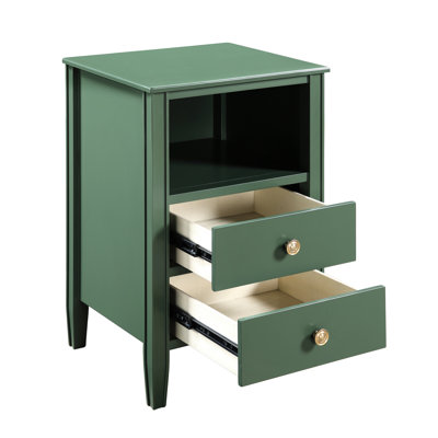Table de chevet vintage à 2 tiroirs pour chambre à coucher, or brossé, glissières en métal montées sur le côté, présentoir à tablette ouverte, pieds cannelés effilés et plancher