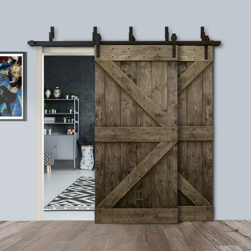 Espresso Stained Solid Pine Double Sliding Barn Door Kit with Oil Rubbed Bronze Hardware