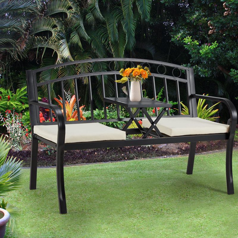 Black Metal 2-Seat Outdoor Bench with Pullout Table and Cushions