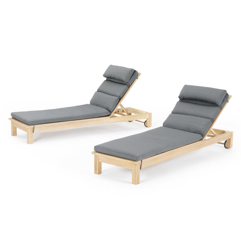 Paulet 82" Long Reclining Acacia Chaise Lounge Set with Sunbrella Cushions, Charcoal Grey Sunbrella®