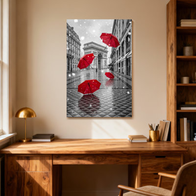 Scenic & Cityscapes Red Umbrellas Floating In Snowy Paris Street