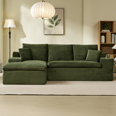 94.5" Corduroy Upholstered Modular Sofa, Compression Foam Bonless Sofa & Chaise with Cupholder and Side Pocket