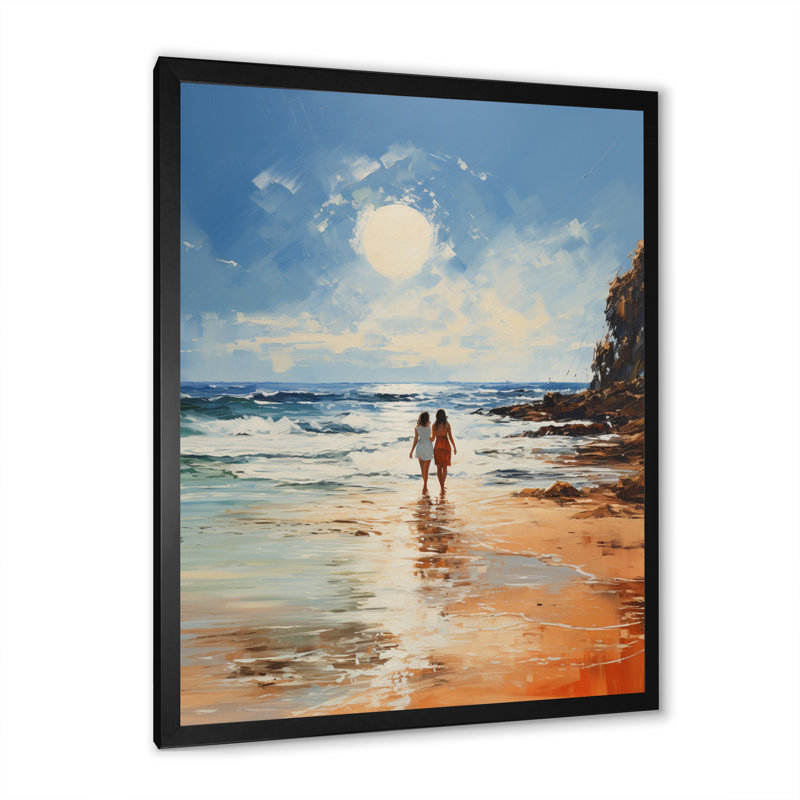 Plage balnéaire balade pointillisme sur toile, Cadre photo noir, H 20 po x l 12 po x P 1 po