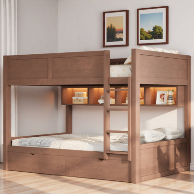 Bunk Bed With Storage Cabinets, Led Light And 2 Drawers