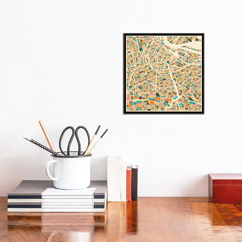 « abstract city map of amsterdam », impression sur toile tendue, H 26 po x l 26 po x P 1,5 po, Toile avec cadre noir