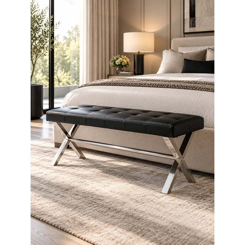 Banc rembourré en similicuir Beverly, Cuir véritable noir