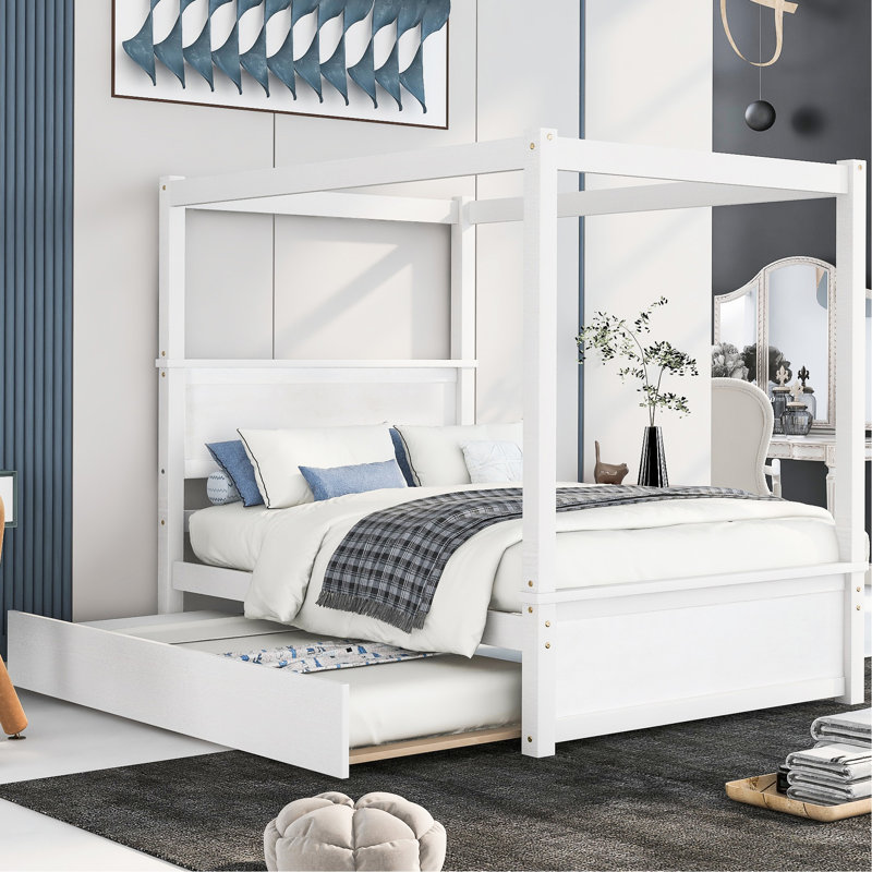 Lit à baldaquin moderne avec lit gigogne, lattes de soutien améliorant la qualité du sommeil, pleine grandeur, blanc brossé