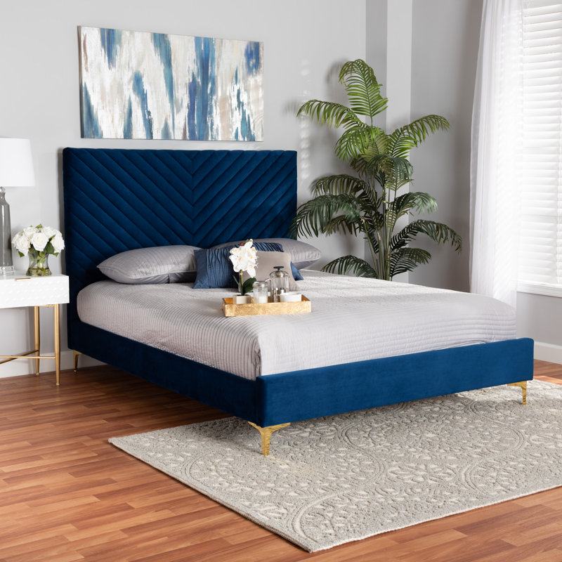 Upholstered Slat Bed, Queen, Navy Blue
