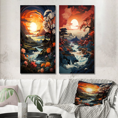 Kawaii, paysage coucher de soleil au Japon - ensemble de 2 pièces murales en métal Sunset Art
