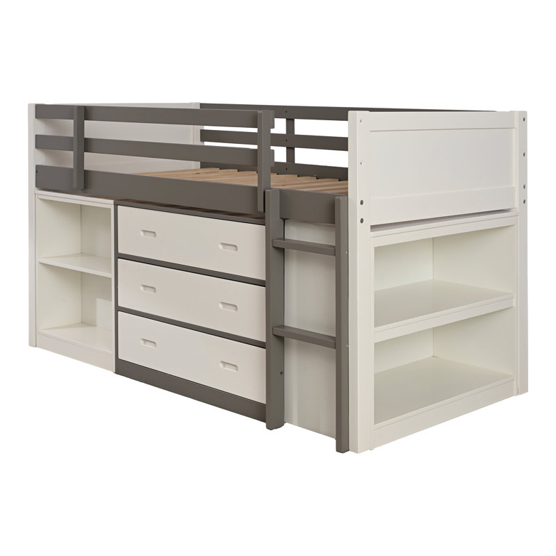 Lit mezzanine simple Edella avec armoire à 3 tiroirs et bureau gigogne