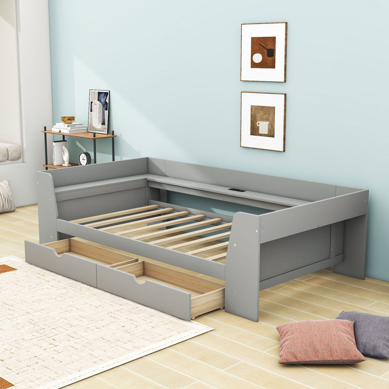 Lit de jour simple en bois avec tablettes intégrées, tiroirs et station de charge, Gris