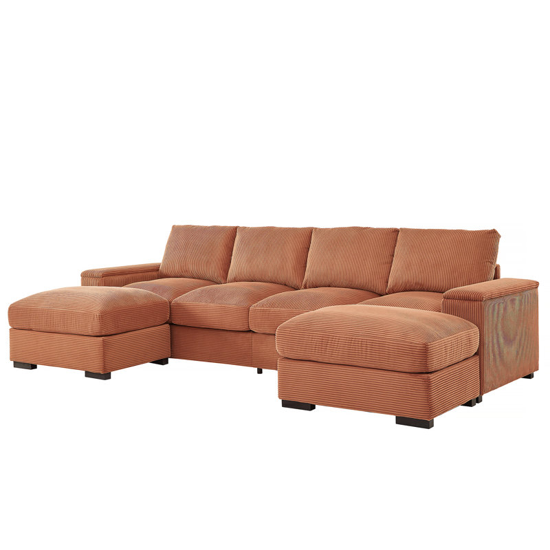 Canapé modulaire à assise profonde avec repose-pieds, canapé-lit en velours côtelé, Velours côtelé orange