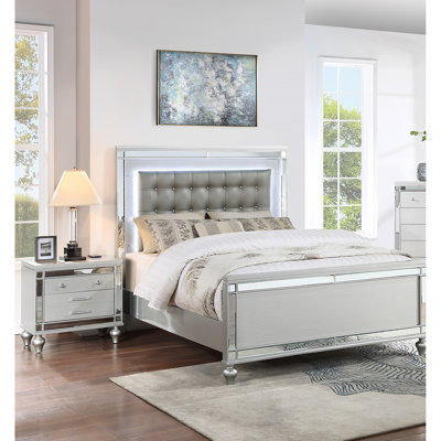 Beautiful Silver Tufted Faux Leather Queen Size Bed W LED Lights 1Pc Panel Bedframe Bedroom