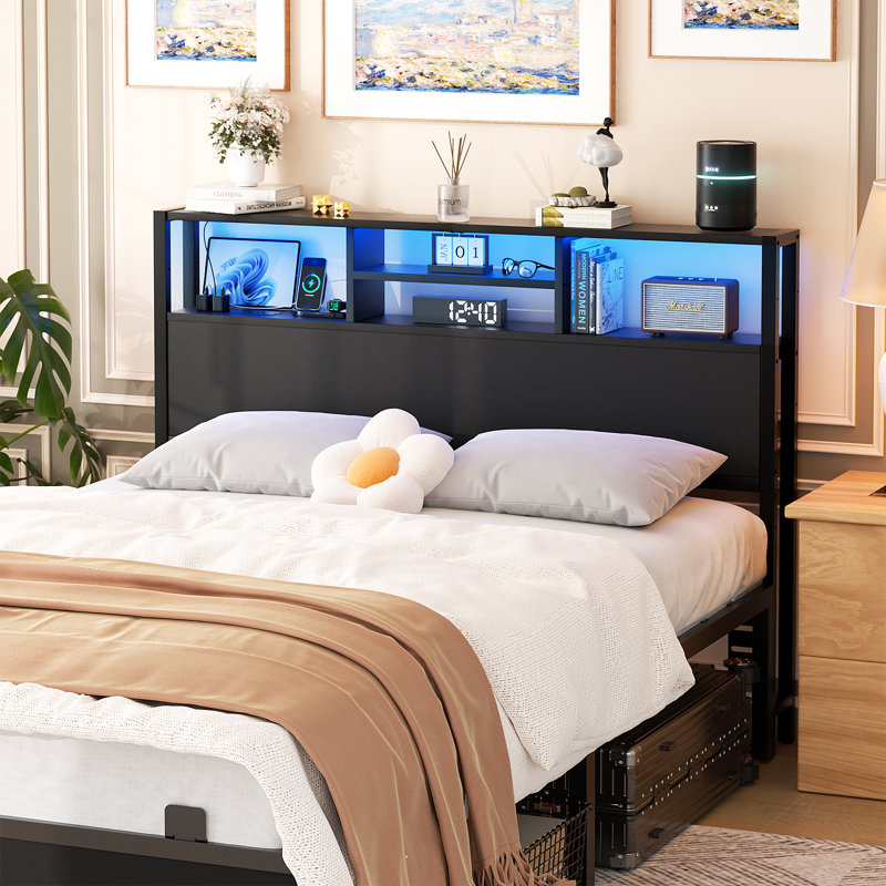 Lozandier Headboard with Storage, Power Outlet, USB Ports and LED Strip, Full, Black