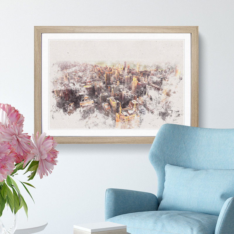 Flying Over The Chicago Skyline - Single Picture Frame Painting on MDF, 45cm H x 63cm W x 2cm D, Oak Framed