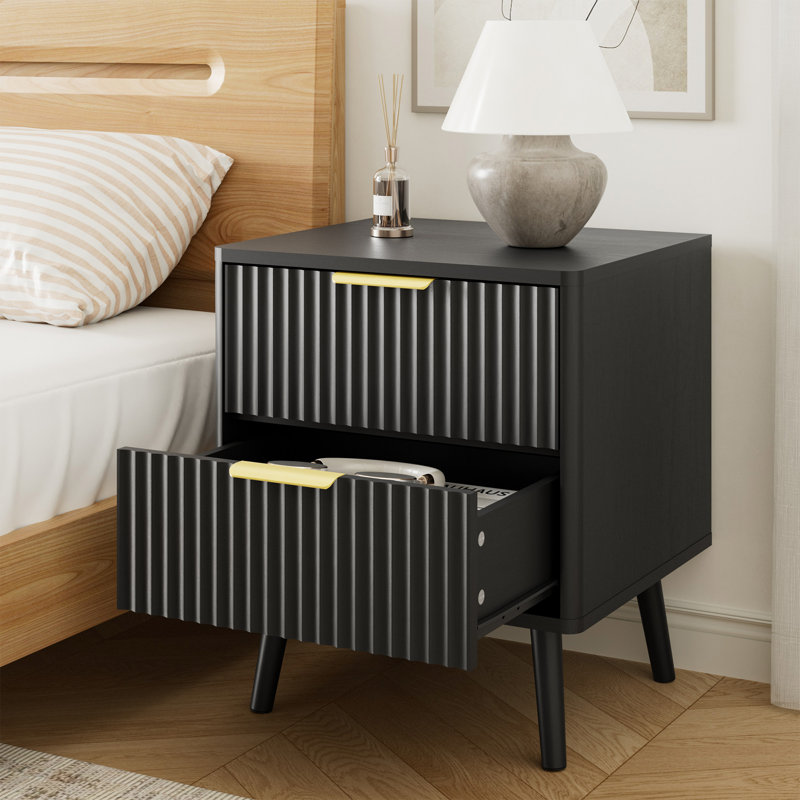 Fluted Nightstand With Curved Profile Design, 2-Drawer End Table, Bedside Table For Bedroom, Living Room, Black