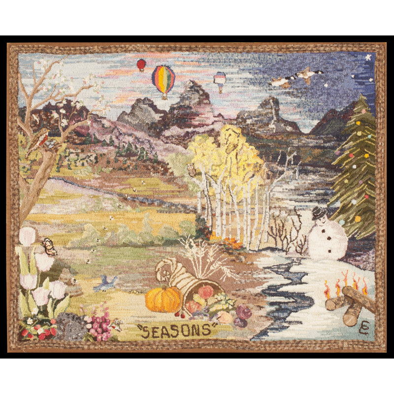 Antique Scenic Seasonal Landscape American Folk Art Hooked "Seasons" Rug