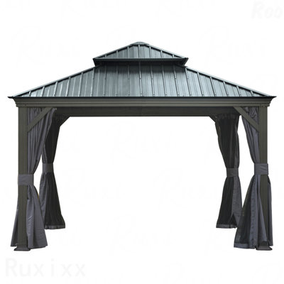12X12FT Gazebo Metal, Mosquito Net For Outdoor Use With Galvanized Steel Double Roof & Drainage System (Brown)