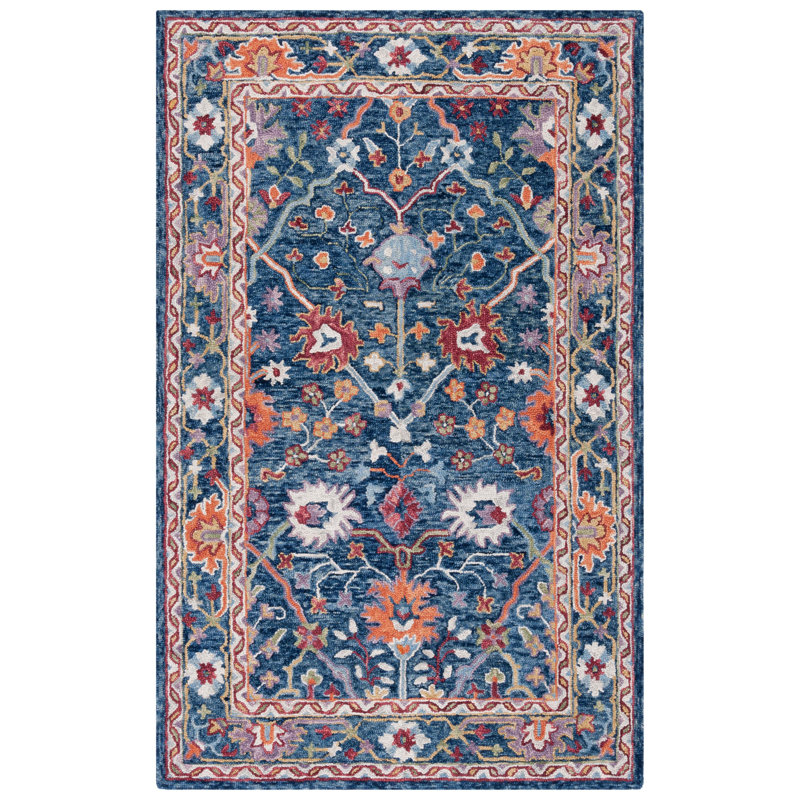 Panayotis Hand Tufted Wool Cotton Floral Rug in Blue/Red, Rectangle 4' x 6'