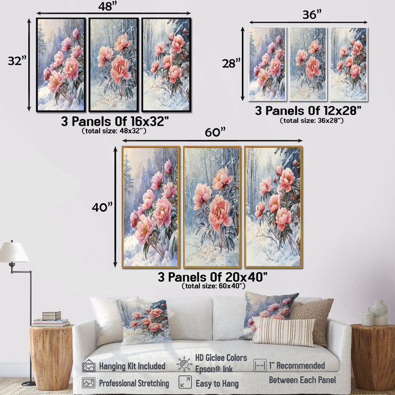 Pivoines d'hiver glacées dans la forêt I - Collection de décorations murales traditionnelles, H 32 po x l 48 po, Blanc