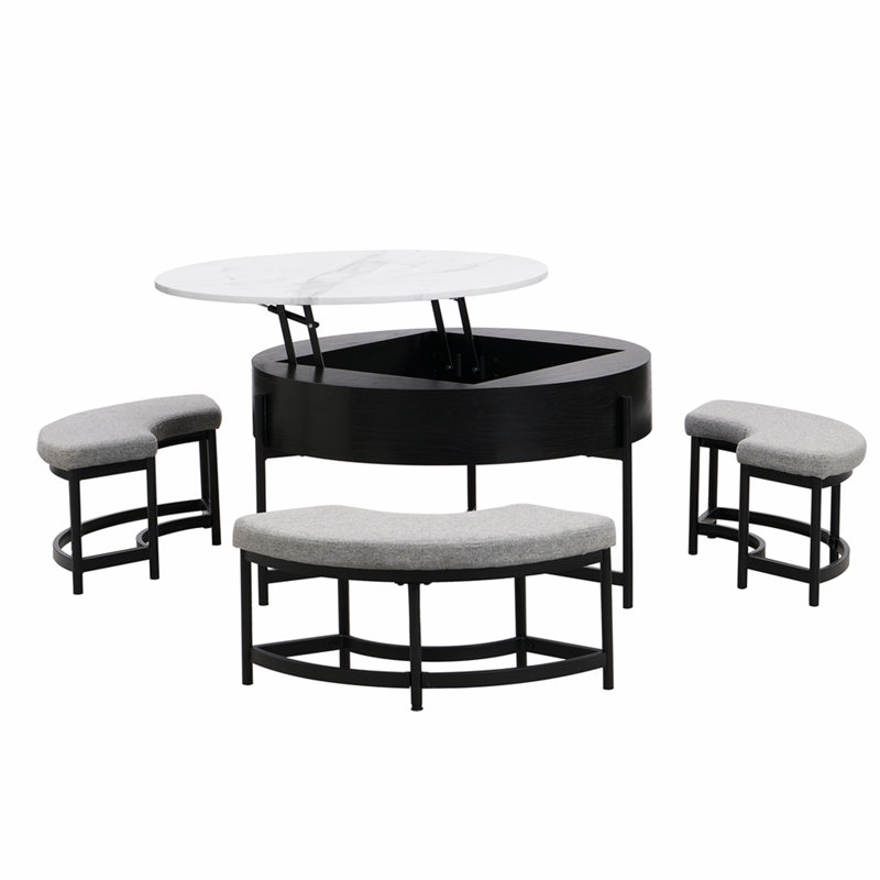 Table basse à plateau relevable moderne avec rangement et 3 repose-pieds blanc et noir