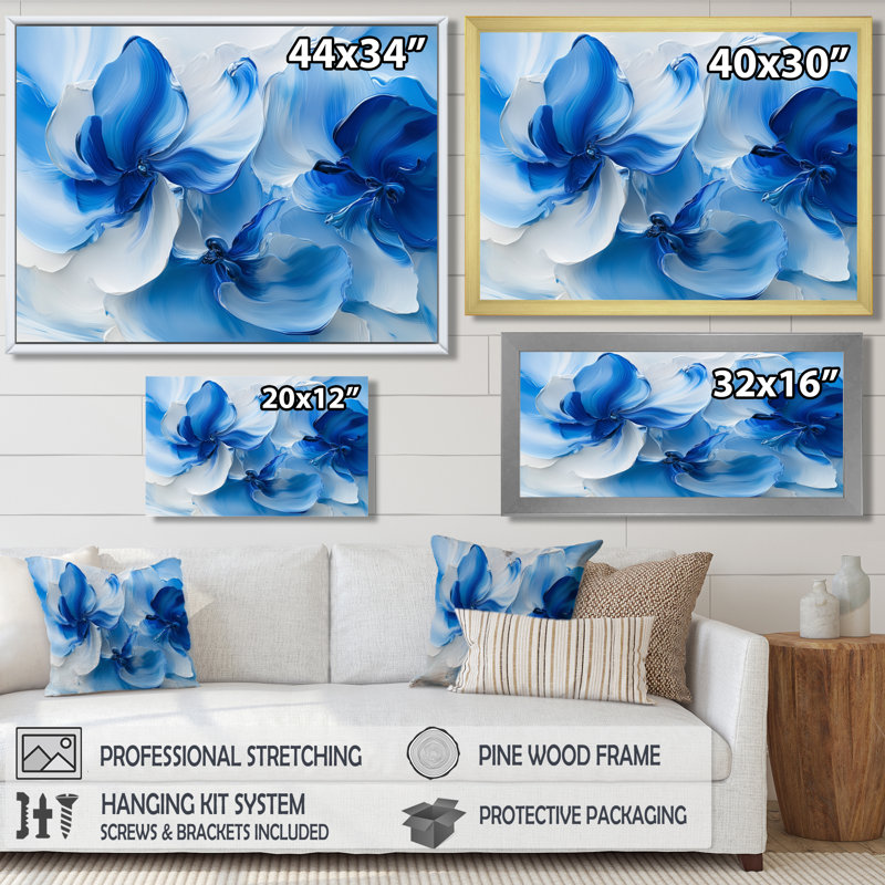Océan bleu pétale géométrie délicate pétales de fleurs - fleurs abstraites sur toile, H 30 po x l 40 po, Cadre simple, Blanc