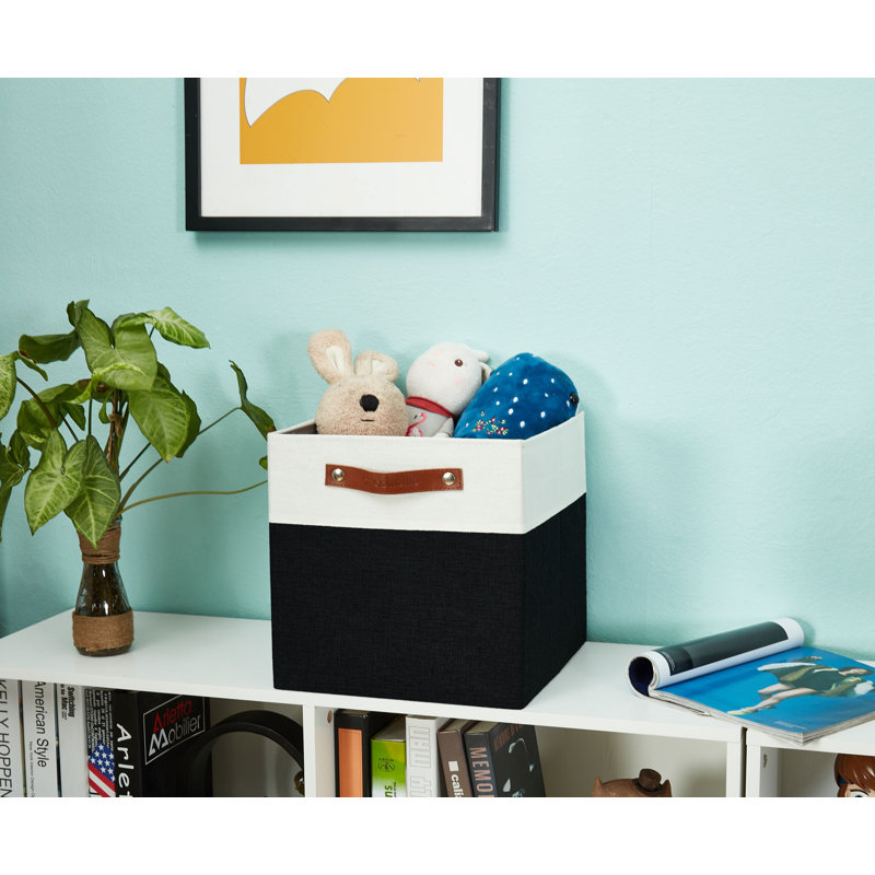 Foldable Storage Bin | Collapsible Sturdy Fabric Storage Basket Container W/Handles, 11" H x 11" W x 11" D, Grey/White