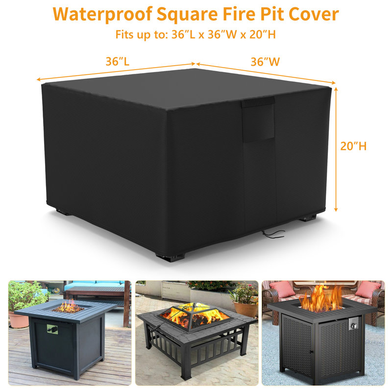 Black Waterproof Polyester Square Fire Pit Cover, 36" x 36" x 20"