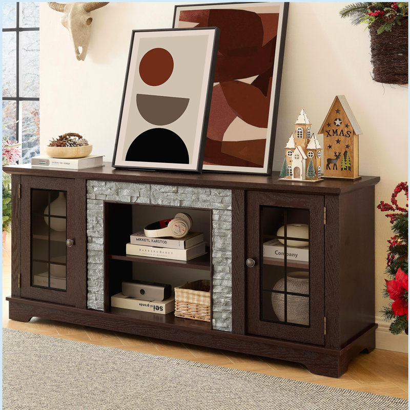 58" Modern TV Stand with 2-Door Storage, Faux Stone Media Console Cabinet, Cherry Large Entertainment Center, Cherry