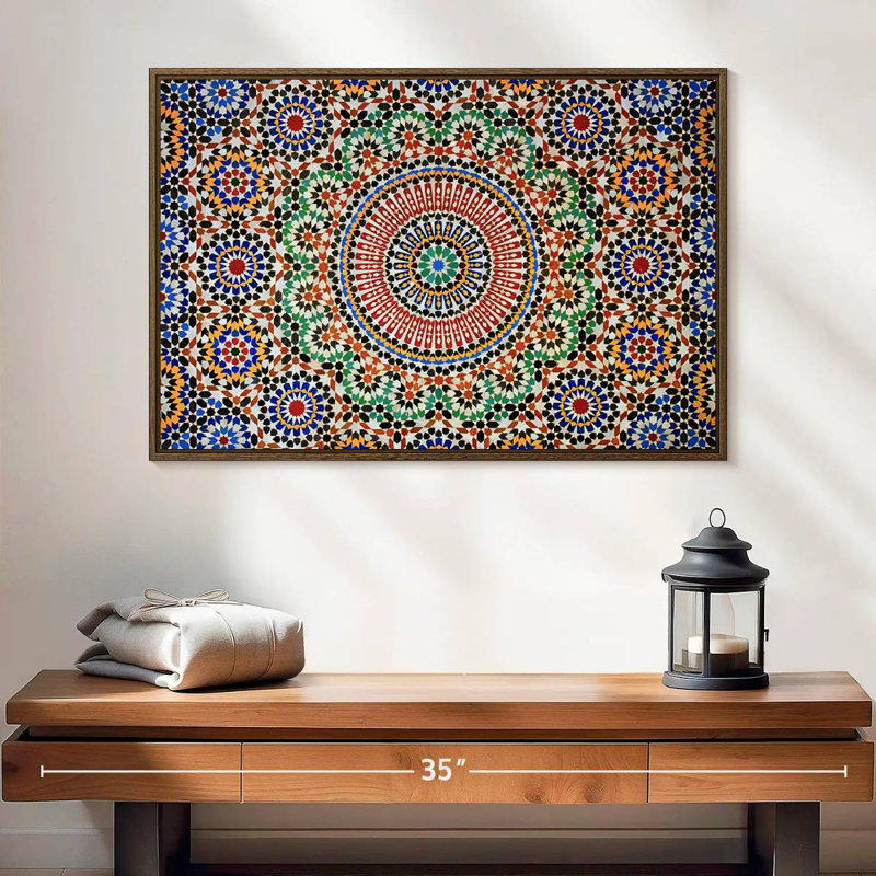 Mosaïque marocaine traditionnelle, 25 po x 17 po, Cadre flottant en noyer