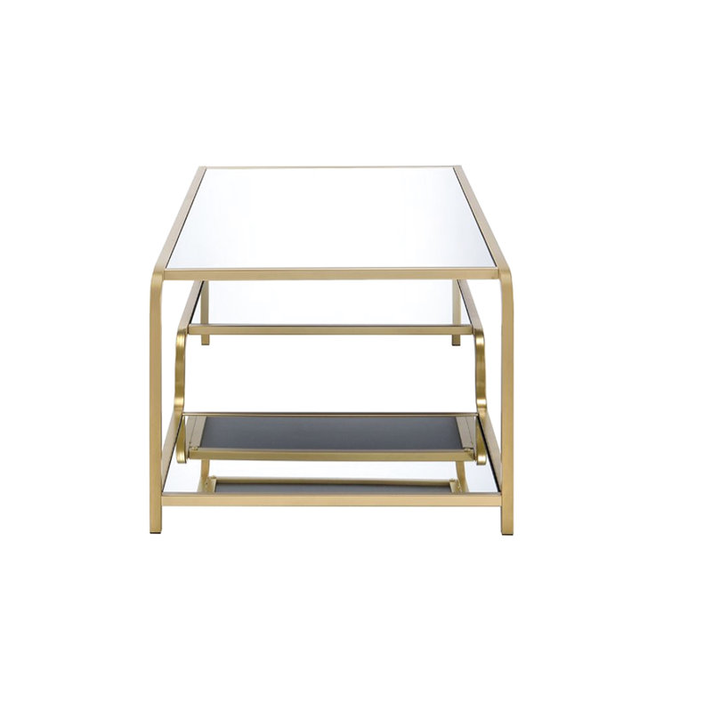 Table basse dorée - tablettes en miroir, présentoirs avec cadre supérieur en métal doré, robuste