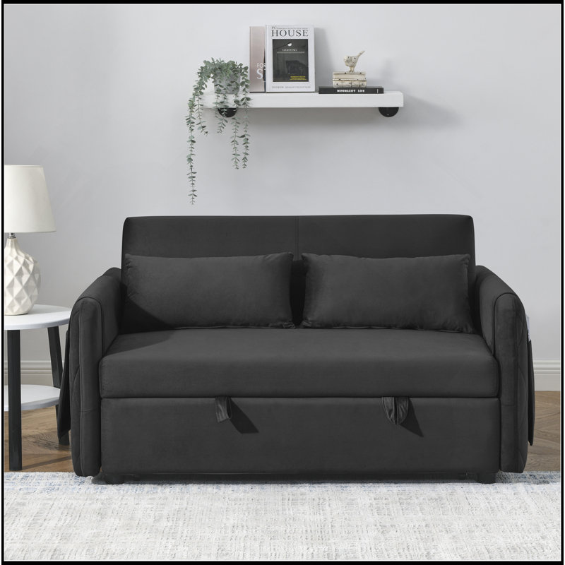 Canapé-lit moderne convertible de 55 po avec 2 poches pour accoudoirs amovibles, canapé-lit en velours avec lit escamotable, 2 coussins et dossier réglable pour le salon, accoudoirs à motif quadrillé